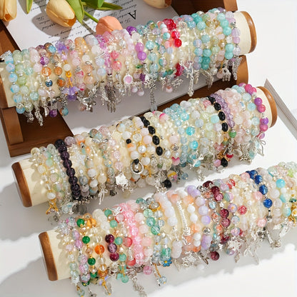 30pcs Glass Bead Bracelets Set for Women Stackable Stretch Bracelets with Butterfly Floral Charms Heart Star Pendants Multicolor - Boho Jewelry Gift Set for Valentine's Day Birthday Anniversary