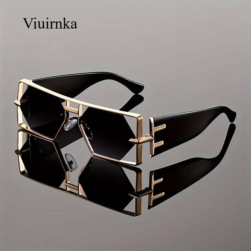 Oversized Hollow Square Sunglasses for Women & Men – UV Protection Metal Frame, PC Lens, Trendy Exaggerated Style, Beach Vacation & Summer Fashion Eyewear with Protective Case