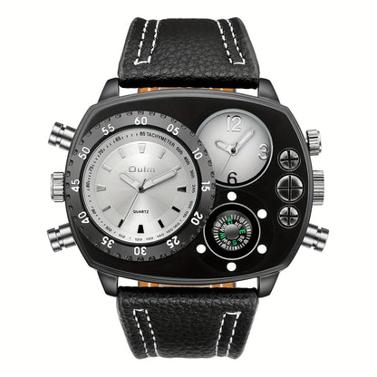 Men's Dual Time Zone Big Dial Quartz Watch – Faux Leather Strap, Luminous Hands, Stainless Steel Case, Casual Sports Wristwatch for Men, Perfect Gift