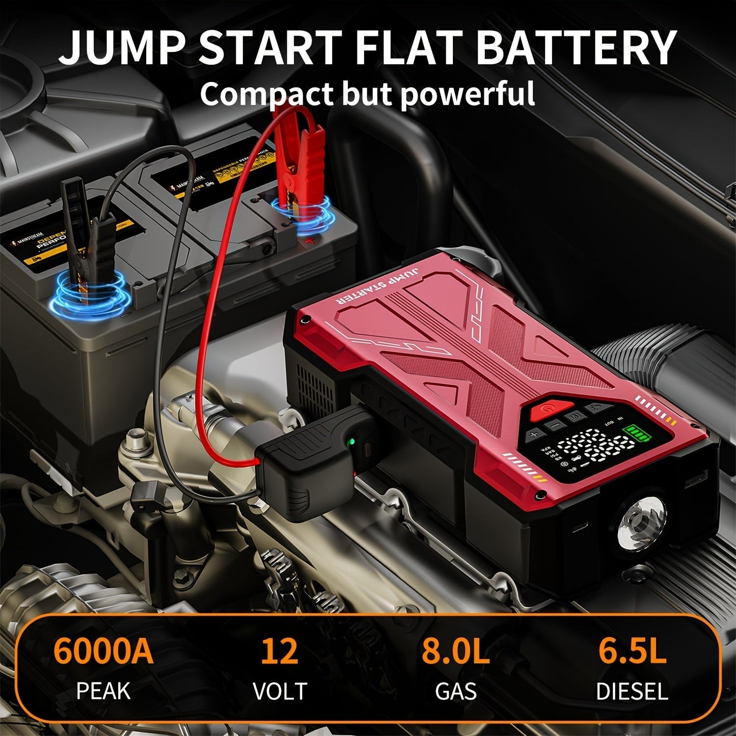 7000A Portable Jump Starter with Air Compressor – 5000A/7000A Peak Battery Pack with 150PSI Digital Tire Inflator, Fits 10L Gas & 2.38gal Diesel, Fast USB Charging & LED Emergency Light