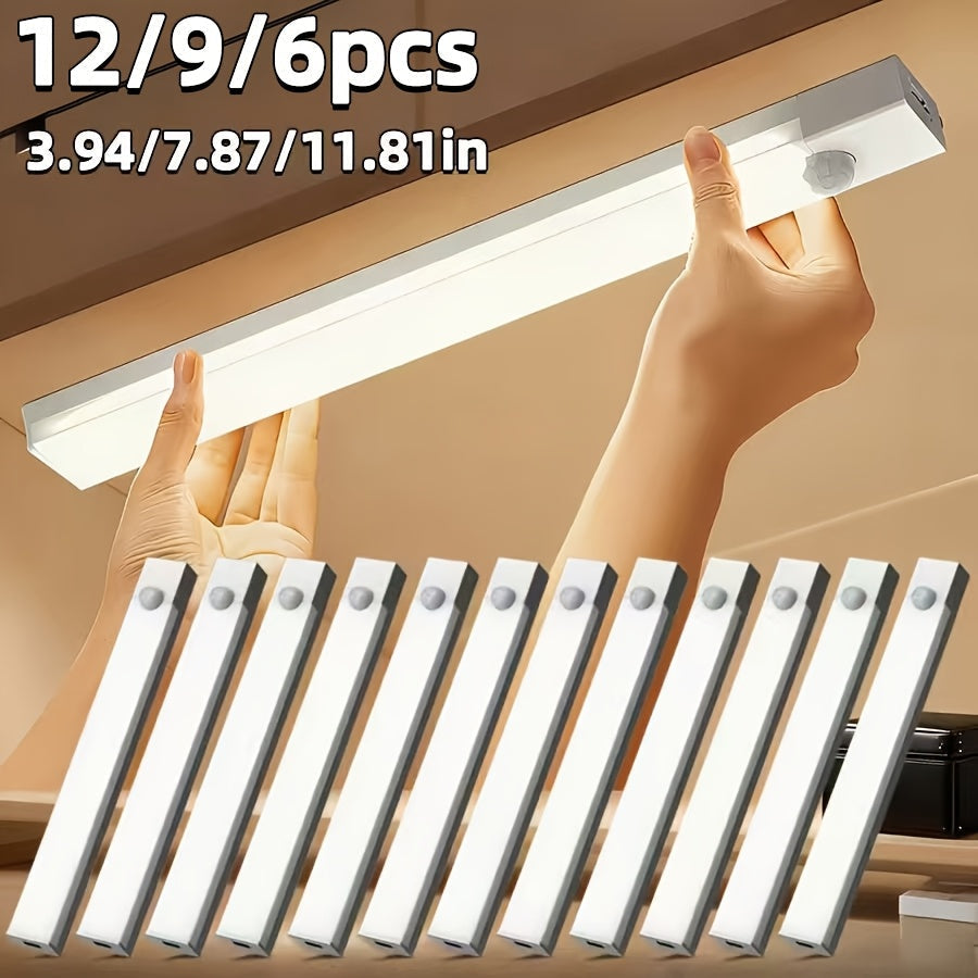 LED Motion Sensor Cabinet Lights USB Rechargeable 6 9 12pcs Wireless Night Light 3 Adjustable Modes for Bedroom Staircase Kitchen Closet Under Cabinet Bedside Reading Hallway Home Lighting