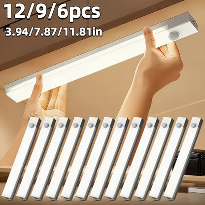 LED Motion Sensor Cabinet Lights USB Rechargeable 6 9 12pcs Wireless Night Light 3 Adjustable Modes for Bedroom Staircase Kitchen Closet Under Cabinet Bedside Reading Hallway Home Lighting