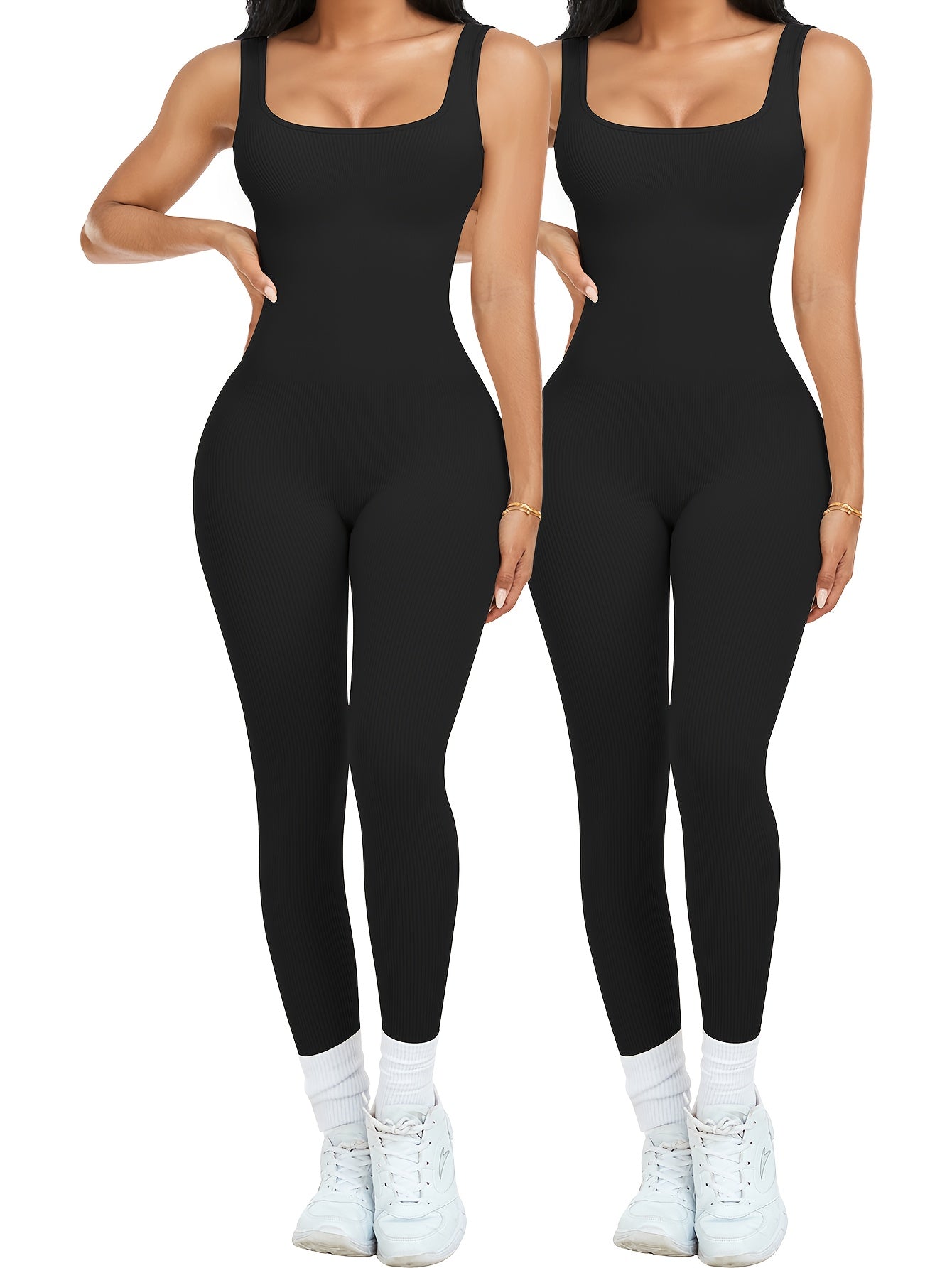 2-Pack Women's Sleeveless Square Neck Long Jumpsuit - 90% Nylon Thick Stretchy Impermeable Activewear Bodysuit for Yoga Pilates Running Fitness, Washable One-Piece Workout Suit Sizes S-XL