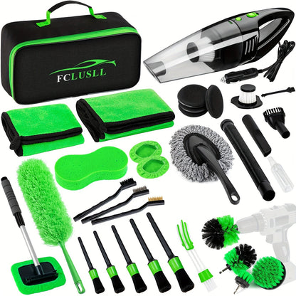 Car Cleaning Kit 17-35 Piece – Portable Vacuum Cleaner, Windshield Cleaning Tool, Drill Brush Set & Interior Brush Set for Full Car Detailing, Holiday Gift for Family & Friends