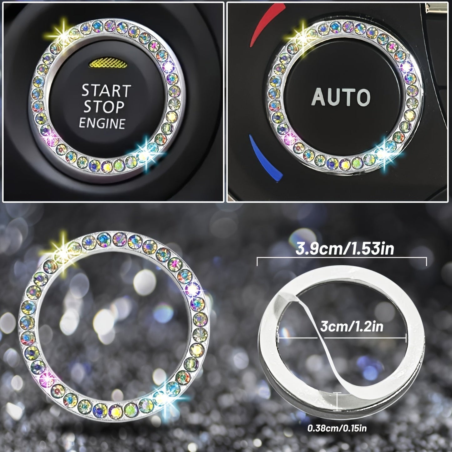 8pc Rhinestone Bling Car Accessories Set for Women – Steering Wheel Cover, Coasters, Seatbelt Pads, Starter Rings & Shift Knob Cover, 7 Colors, Sparkly Glitter Interior Kit