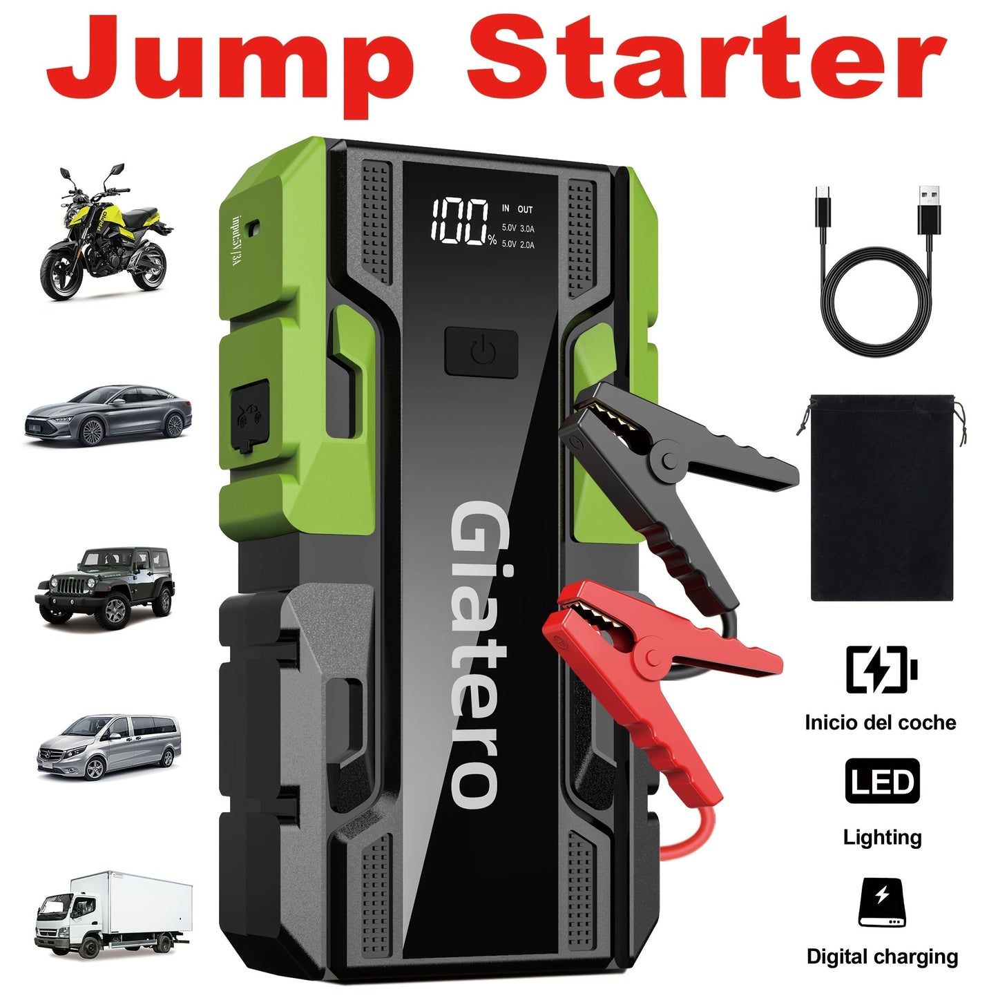 12V Portable Car Jump Starter with Built-In Air Compressor Tire Inflator – Emergency Battery Booster for Gas (3.7 Gal) & Diesel (3.17 Gal) Engines, Trucks & Cars Emergency Starter Power Supply
