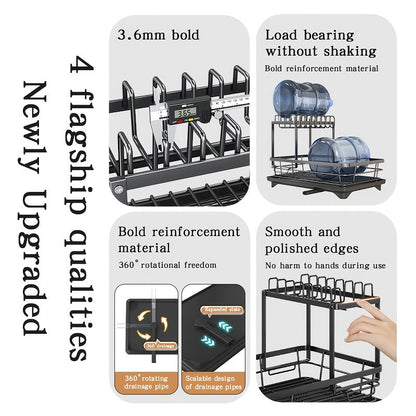 2-Tier Metal Dish Drying Rack with Cutlery Holder, Cup Holder & Rust-Proof Drip Tray – Space-Saving Countertop Dish Drainer for Kitchen Organization, Durable Steel Dish Rack for All Countertop Types