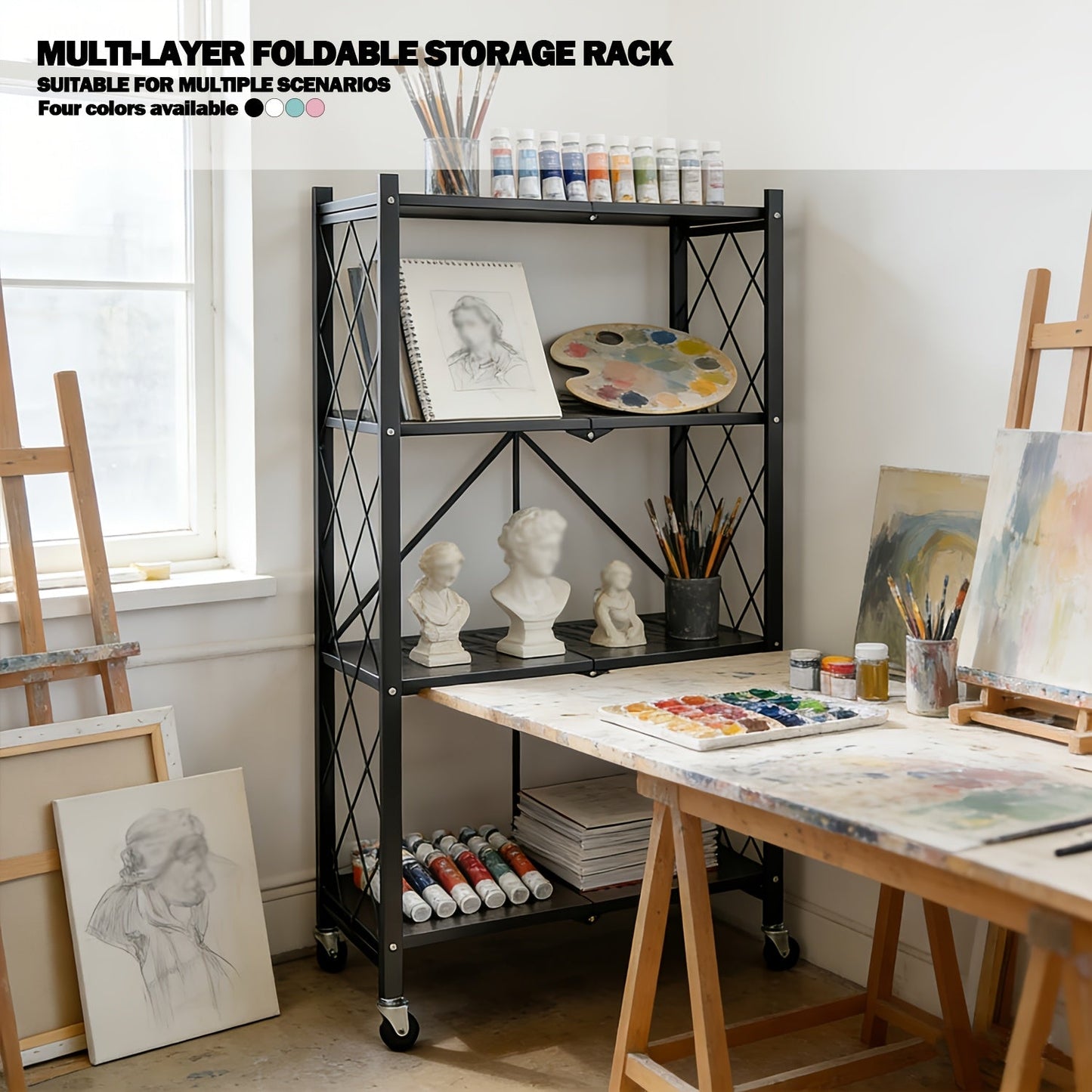 Heavy Duty Folding Storage Rack with Wheels – 3/4/5-Tier Portable Floor-Standing Shelf, No Assembly Required, for Home, Office, Bedroom & Dorm, 4 Colors Available