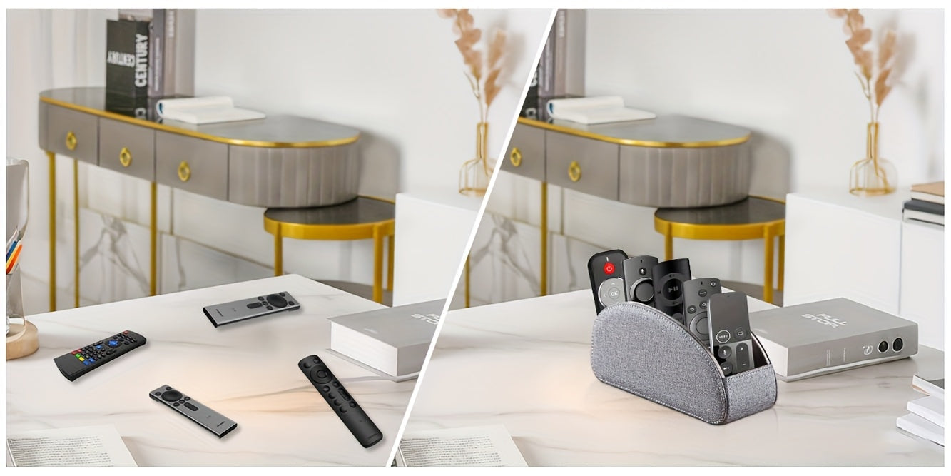 Remote Control Holder with 5 Compartments, Faux Leather Desktop Organizer Caddy for Living Room, Holds TV Remotes Pens Eyeglasses Makeup Brushes Office Stationery, Home Decor Storage Box Accessory