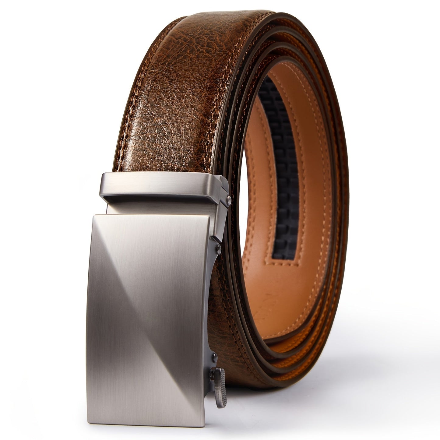 Men's Genuine Leather Ratchet Belt 35mm – Automatic Buckle No-Hole Adjustable Design with Gift Box, Sizes 28" to 52", Casual & Business Belt for Men in Navy Blue, Black, Brown