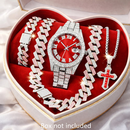 Cuban Link Hip Hop Jewelry Set for Men & Women – Necklace Pendant Bracelet & Blue Dial Watch, Unisex Streetwear Bling, Gold & Silver Tone, Party Daily Gift