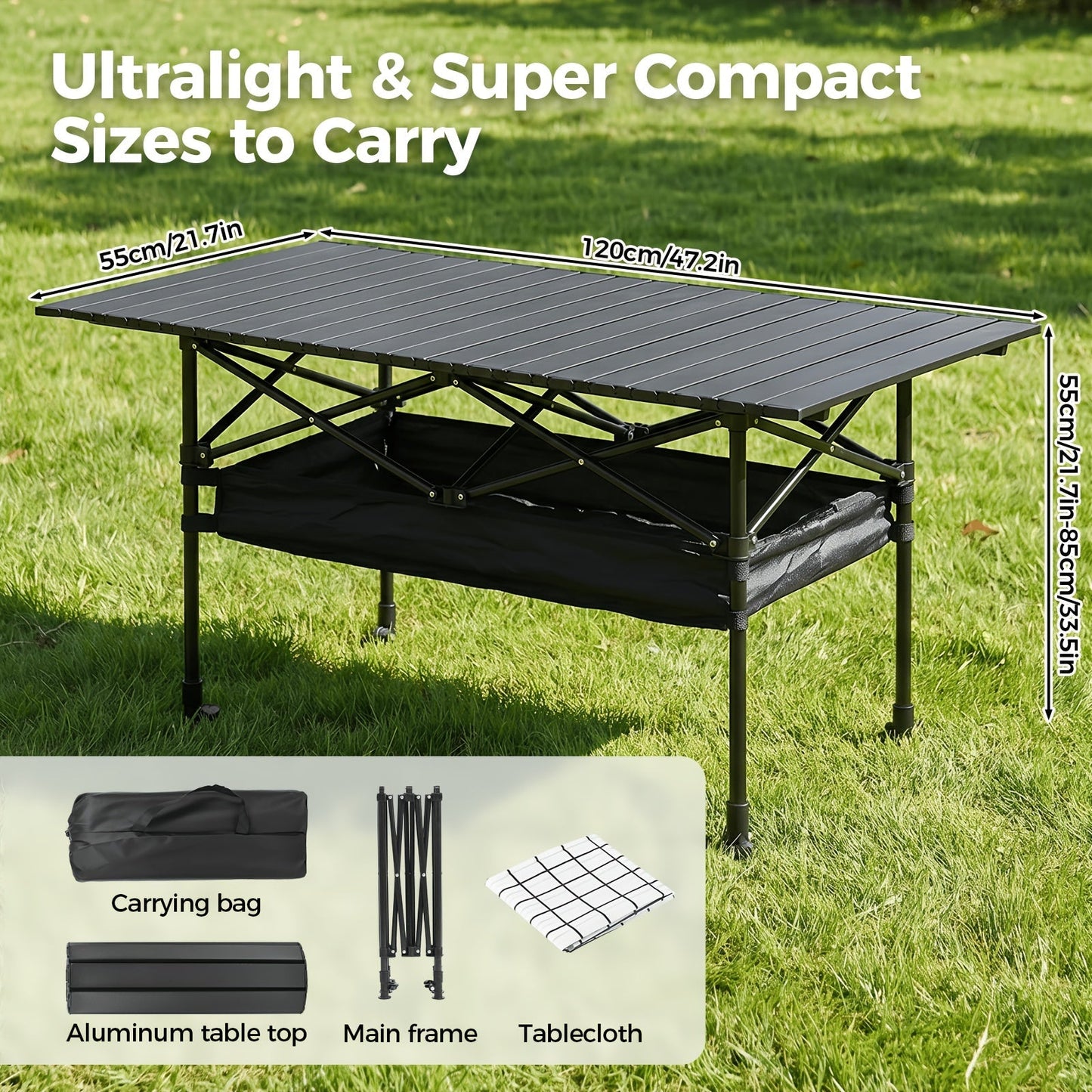 Portable Folding Camping Table Aluminum Lightweight Outdoor Picnic Table with Mesh Storage Bag & Carry Bag – Height Adjustable 37.4", Easy to Store, for Camping, Beach, Backyard, BBQ, Party & Patio