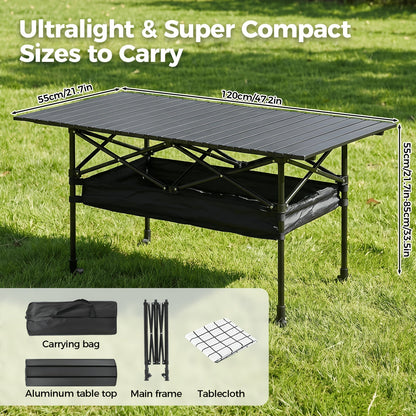 Portable Folding Camping Table Aluminum Lightweight Outdoor Picnic Table with Mesh Storage Bag & Carry Bag – Height Adjustable 37.4", Easy to Store, for Camping, Beach, Backyard, BBQ, Party & Patio