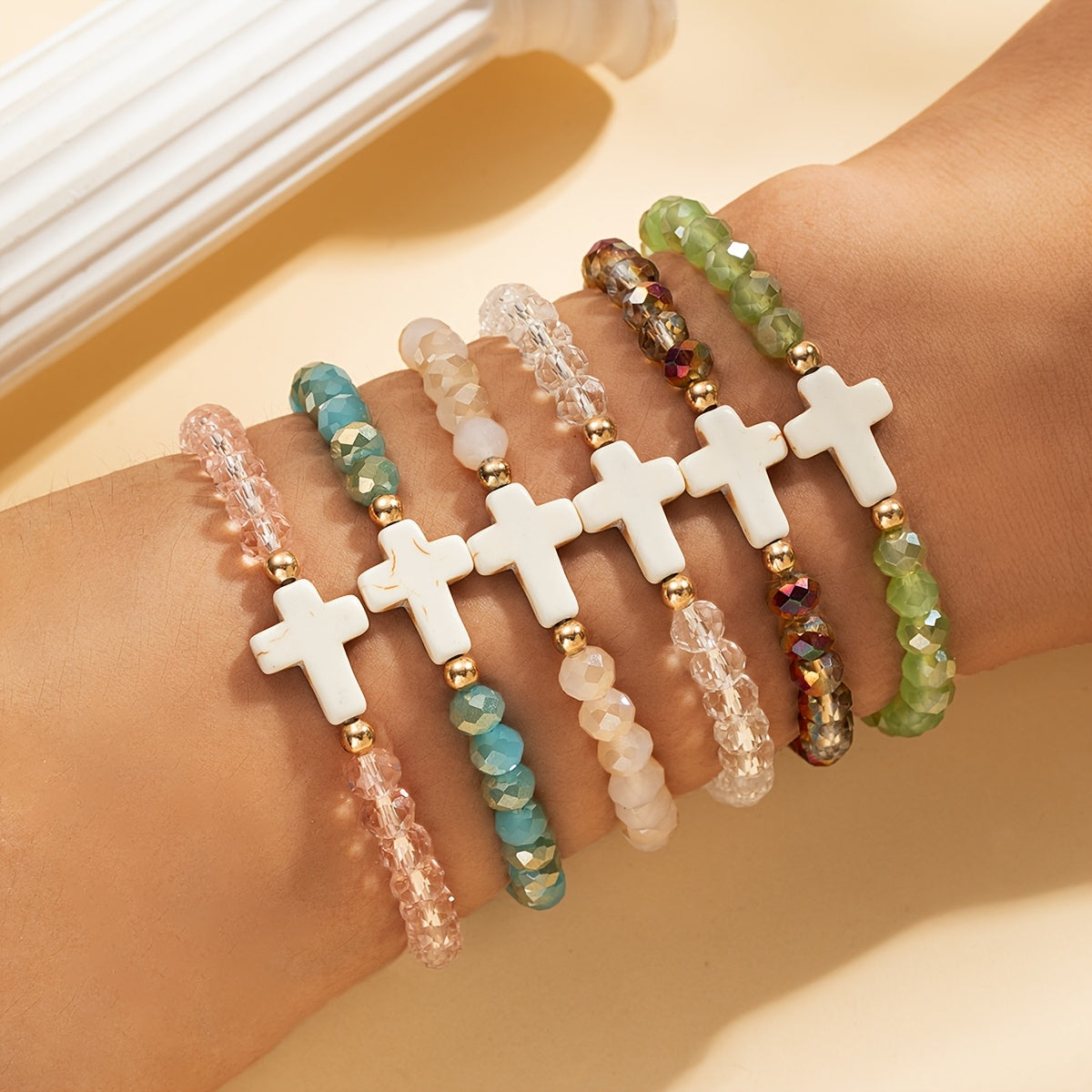 24pc Bohemian Cross Charm Bracelet Set – Colorful Elastic Stretch Bands with Resin & Glass Cross Charms, Bulk Pack for Daily Wear, Vacation, Parties & Holiday Gifting