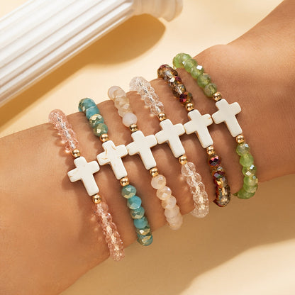 24pc Bohemian Cross Charm Bracelet Set – Colorful Elastic Stretch Bands with Resin & Glass Cross Charms, Bulk Pack for Daily Wear, Vacation, Parties & Holiday Gifting
