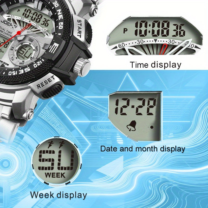 Men's Dual Display Sport Watch – Large Face LED Night Light, 3ATM Waterproof, Chronograph, Alarm & Calendar, Field Style Wristwatch in Gold & Silver