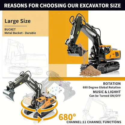 Remote Control Excavator Toy Set with Metal Shovel LED Lights 1200mAh Battery RC Construction Truck Bulldozer Dump Truck Loader Combo for Boys Ages 6 and Up Birthday Christmas Gift