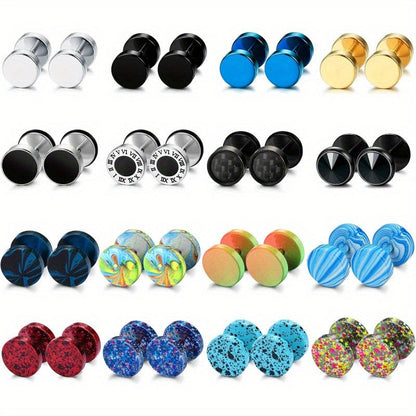 16-Pair Fake Gauge Stud Earrings for Men & Women – 316L Stainless Steel Faux Plug Screw Barbell Ear Studs, 8mm Black & Silver Assorted Styles, Hypoallergenic Earring Set Gift