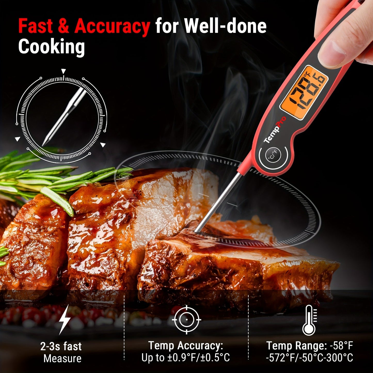 Instant Read Meat Thermometer Digital Food Thermometer | 2-3 Second Fast Read Motion Sensing Auto-Wake | Foldable Probe -58°F to 572°F | BBQ Grill Smoker Candy Oil Kitchen Cooking