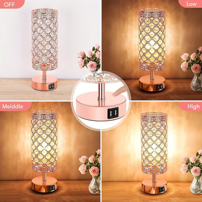 Crystal Touch Table Lamp 3-Way Dimmable with 2 USB Charging Ports LED Bulb Included Decorative Bedside Nightstand Light for Bedroom Living Room Office – Antique Bronze Rose Gold Silver