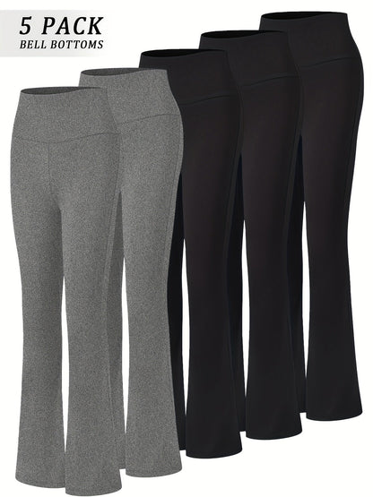 Women's High Waisted Flare Bell Bottom Yoga Pants 5-Pack Tummy Control Full-Length Bootleg Leggings Soft Stretch Wide Leg Pants for Yoga Gym Dance Pilates Year-Round Wear Sizes S-XXL