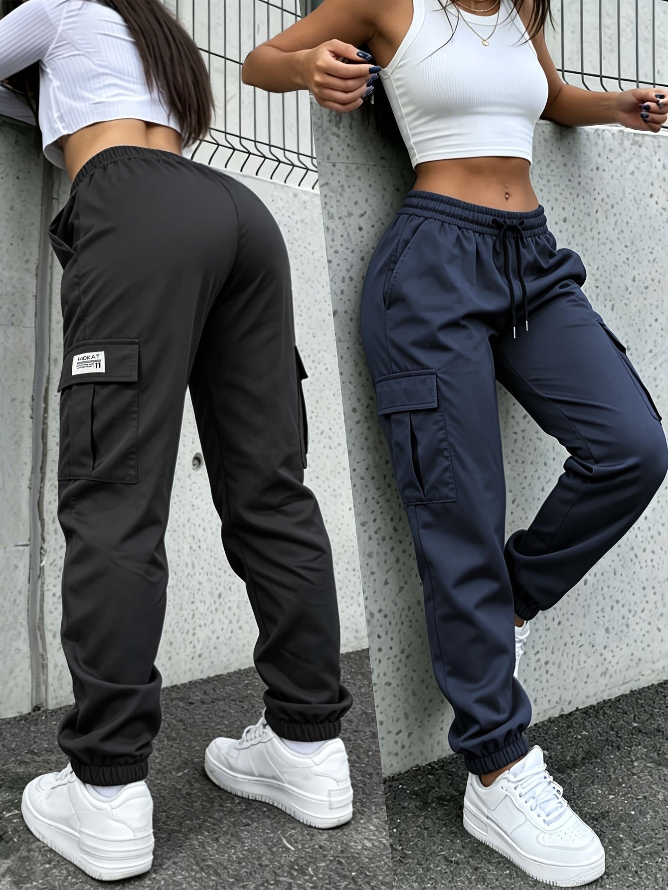Women's Cargo Pants with Zippered Pockets – Elastic Drawstring Waist Large Pocket Casual Outdoor Trousers Black Grey Green Blue XS-XXL