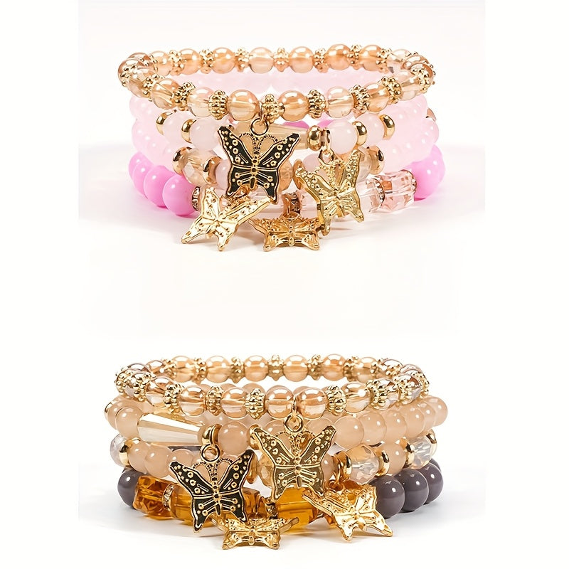 Boho Butterfly Beaded Bracelet Set for Women – 4, 8 & 16pcs Sparkle Multi-Layered Elastic Charm Stackable Bracelets, Perfect Gift for Stylish Ladies