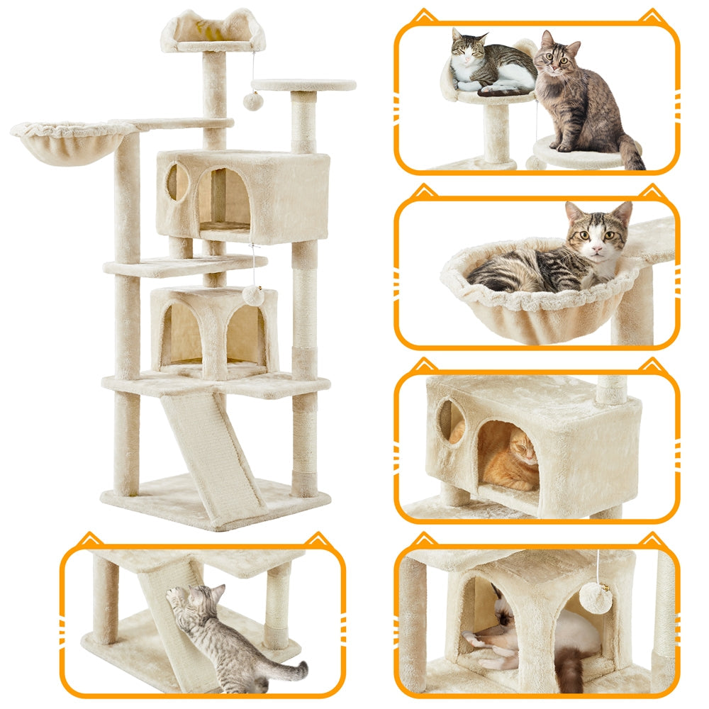 57-Inch Multilevel Cat Tree Tower with 2 Condos – Sisal Scratching Posts, Dangling Ball, Round Platform & Ladder for Indoor Kittens & Small Cats, 6 Colors, Christmas Gift for Cat Lovers