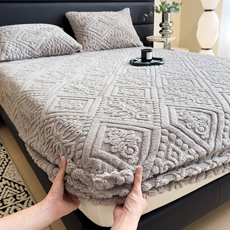 European Embossed Soft Bed Sheet Deep Pocket All Season | Super Soft Machine Washable Mattress Cover | Twin Full Queen King Bedding | Warm Breathable Fitted Sheet | White Gray Khaki Blue Green