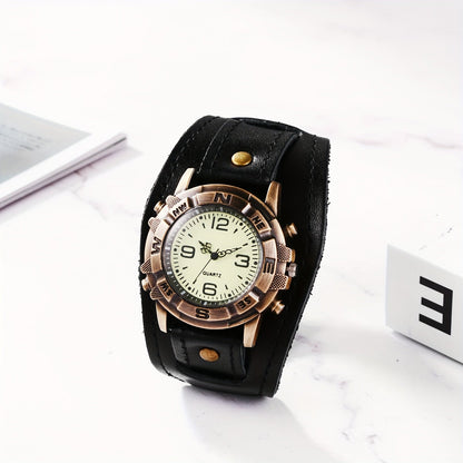 Vintage Steampunk Wide Leather Strap Analog Quartz Watch for Men Women – Unisex Biker Style Round Case, Dark Brown Black Brown, Halloween Christmas Father's Day Gift