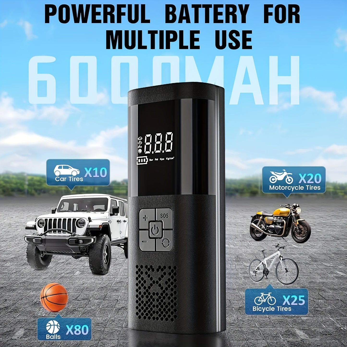 Portable Tire Inflator 150PSI Cordless Air Compressor | 6000mAh Battery, 3X Fast Inflation, LCD Pressure Gauge, Auto Shutoff, LED Light, USB-C – For Cars, Motorcycles, Bicycles & Balls