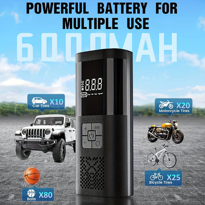 Portable Tire Inflator 150PSI Cordless Air Compressor | 6000mAh Battery, 3X Fast Inflation, LCD Pressure Gauge, Auto Shutoff, LED Light, USB-C – For Cars, Motorcycles, Bicycles & Balls