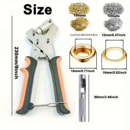 200 Pcs 10mm Eyelet Punch Set with Tools & Rings, Metal Grommets Kit for DIY Tarpaulin, Faux Leather, Canvas, Waterproof Fabric, Sewing & Crafting Projects