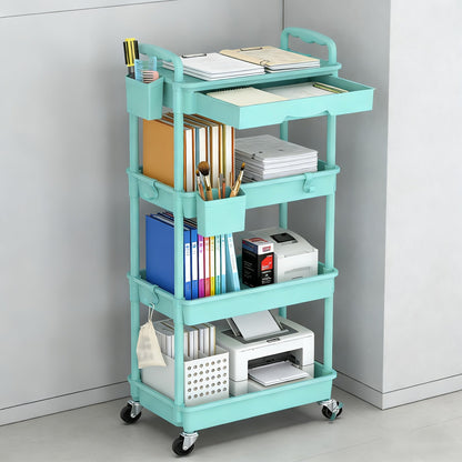 Rolling Storage Cart 3-Tier & 4-Tier with Drawer & Lockable Wheels Multifunctional Plastic Shelf Organizer for Kitchen Bathroom Living Room Office – 7 Colors