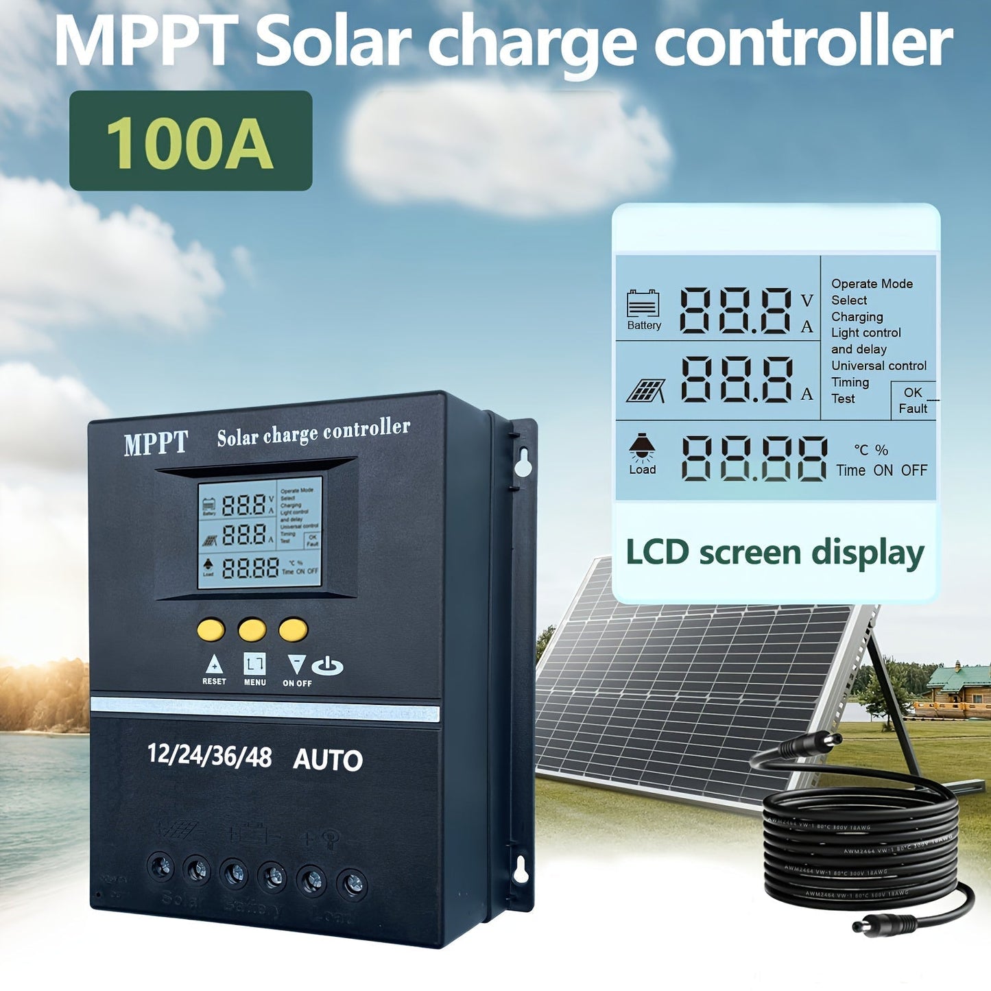 100A MPPT Solar Charge Controller with LCD Display & Auto Tracking - Compatible with Lead-Acid, Lithium & LiFePO4 Batteries, for Off-Grid Solar Systems, RV, Boat & Home