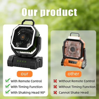 Battery Powered Camping Fan 20000mAh 59H Runtime – Rechargeable Portable Oscillating Fan with Remote, 4 Speeds, LED Light & Hook for Tent Outdoor Patio Garage Hurricane Power Outage