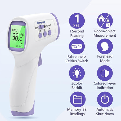 No-Touch Forehead Thermometer for Adults & Kids – Digital Infrared Thermometer with Fever Alarm, 3-Color Backlit Display, 28 Memory Recall, Fast & Accurate Results for All Ages