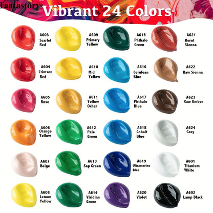 Professional Acrylic Paint Set 24 Colors 2oz/60ml Large Volume with 12 Brushes – Rich Pigment Thick Acrylic Paints for Canvas, Wood, Rock, Glass & Ceramic – Art Supplies for Beginners & Artists