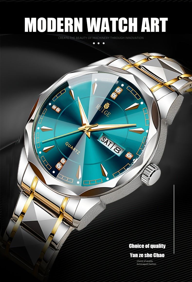 Men's Luxury Quartz Chronograph Watch – Luminous Blue Dial, Stainless Steel Case & Strap, Calendar Date Display, Elegant Business Dress Watch Gift for Him