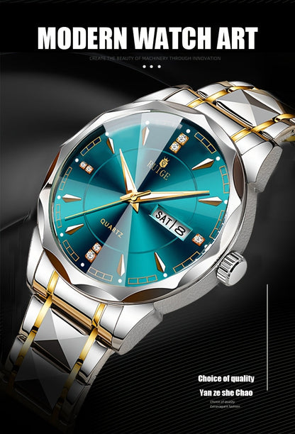 Men's Luxury Quartz Chronograph Watch – Luminous Blue Dial, Stainless Steel Case & Strap, Calendar Date Display, Elegant Business Dress Watch Gift for Him