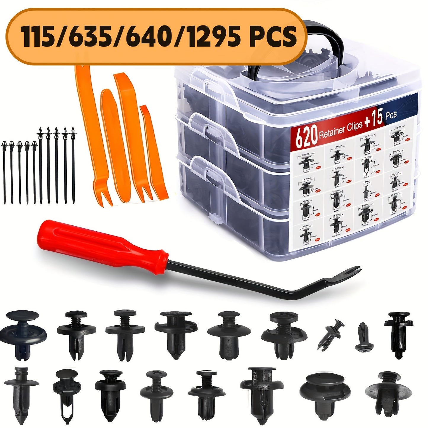 Car Push Retainer Clips Assortment Kit 115/635/640/1290 Pcs - 16 Sizes Nylon Bumper Fender Rivets Automotive Fasteners with Cable Ties & Removal Tool