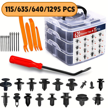 Car Push Retainer Clips Assortment Kit 115/635/640/1290 Pcs - 16 Sizes Nylon Bumper Fender Rivets Automotive Fasteners with Cable Ties & Removal Tool