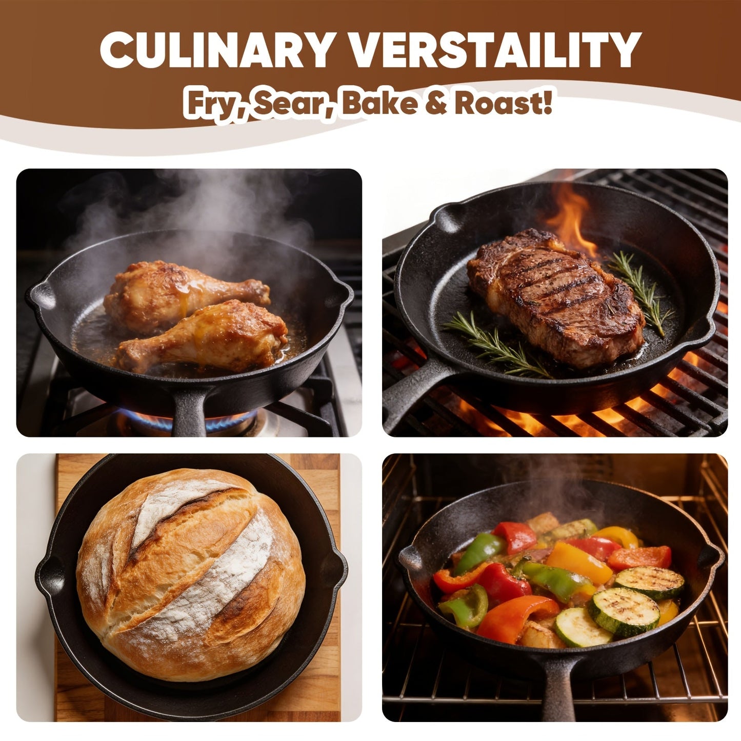Cast Iron Skillet Set 3-Piece 6 8 10 Inch Pre-Seasoned Non-Stick Heavy Duty Oven Grill Campfire Safe Even Heat for Steak Cornbread Baking – Rustic Kitchen Cookware