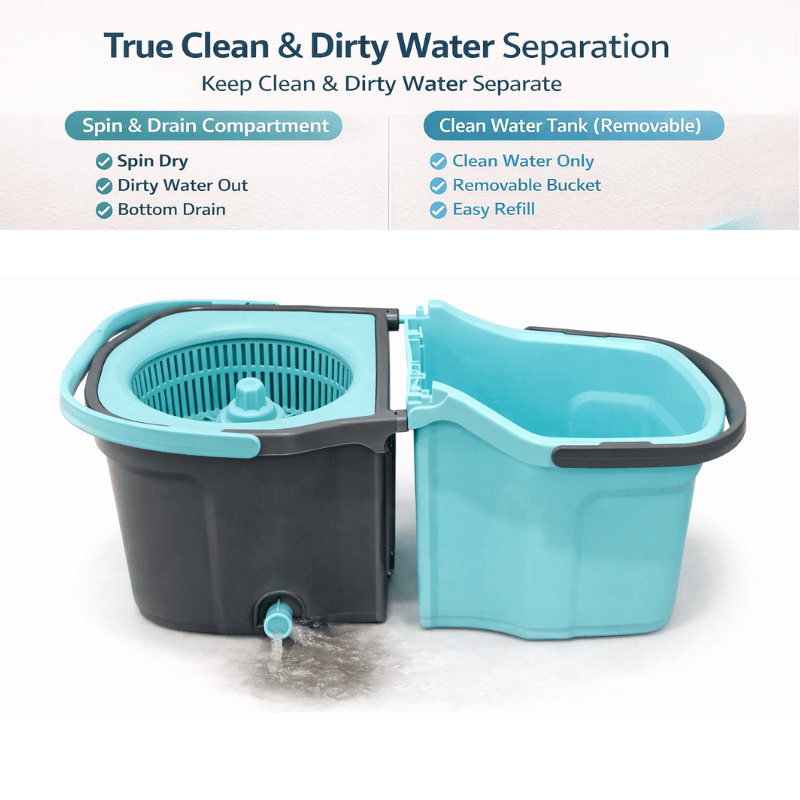 360° Spin Mop and Bucket Set with Wringer – Microfiber Mop Refills, Stainless Steel Extended Handle, Separate Compartment, Floor Cleaning System