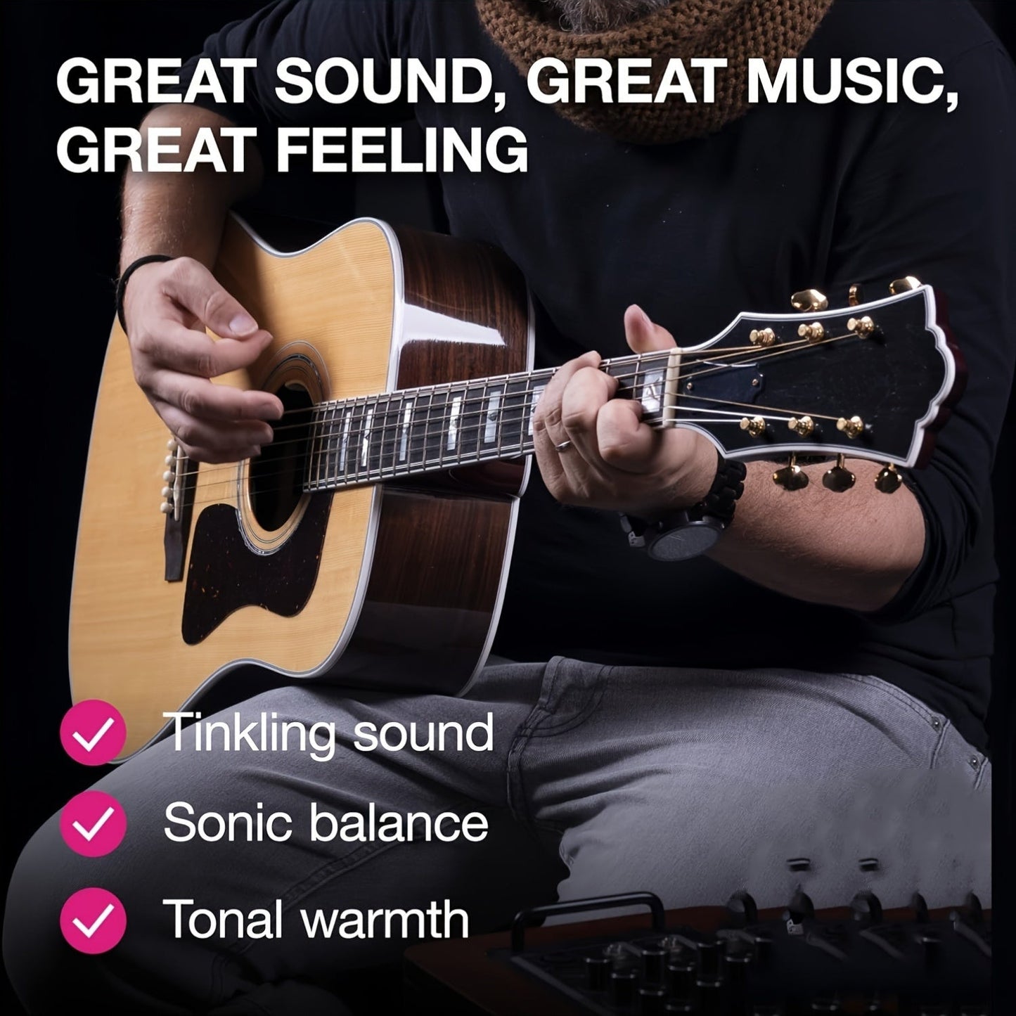 Acoustic Guitar Strings Set – Bronze Finish, Hexagonal Core, .010 Gauge Hard Tension, Uncoated Plain Winding for Full-Bodied Rich Tone & Long-Lasting Durability