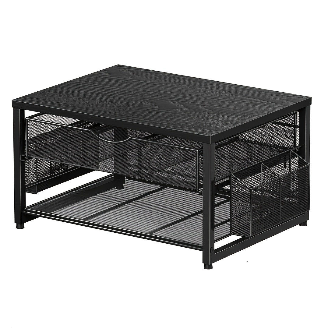 Metal Printer Stand for Desk with Storage Drawer & 2 Pen Holders – 2-Tier Desktop Organizer for Home Office, Multi-Purpose Printer Table for Fax Machine Scanner Files, Wood & Black