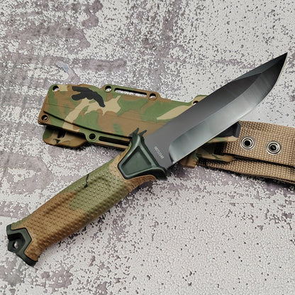 Outdoor Fixed Blade Knife – Stainless Steel Straight Blade, Non-Slip Handle, K-Type Sheath, EDC Hunting Fishing Camping Survival Knife, Camouflage, Multi-Purpose Field Tool for Men