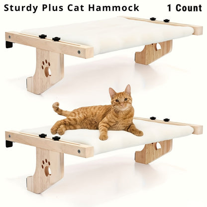 Premium Wooden Cat Perch & Hammock – Heavy-Duty 40 lbs Load Bearing, Multi-Location Mount for Window, Wall & Cabinet, Extra-Wide Platform with Plush Pad, Safe for Large Cats