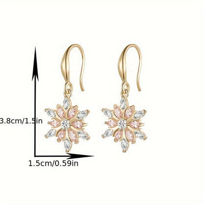 S925 Sterling Silver Pink Glass Snowflake Earrings – Elegant Romantic Dangle Earrings for Women, Festive Holiday Jewelry, Casual Daily Wear, Christmas Valentine Birthday Gift for Girlfriend