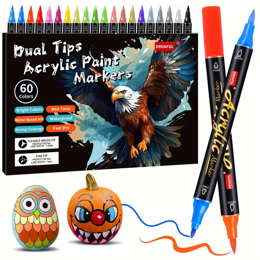 Acrylic Paint Markers 60 Colors Dual Tip Waterproof Paint Pens for Rock Painting Fabric Glass Wood Canvas Ceramic Non-Toxic